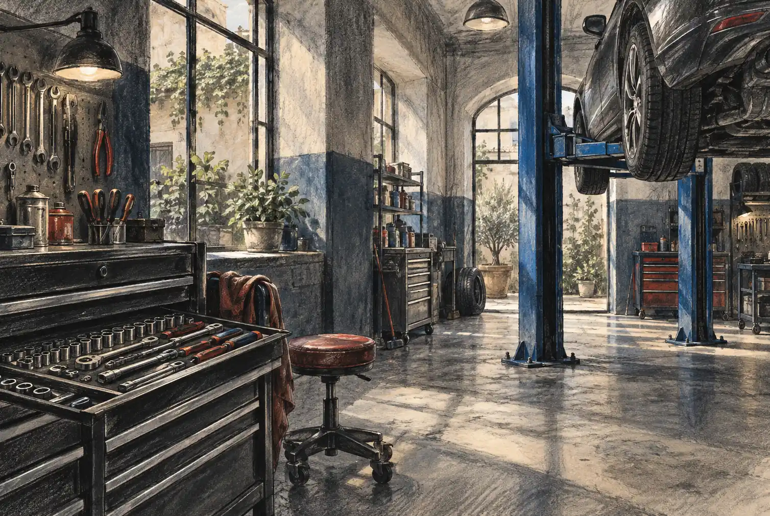 Illustration of auto repair shops and their working space
